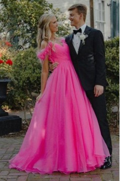 A-Line Long Pink Off the Shoulder Prom Dresses 801462