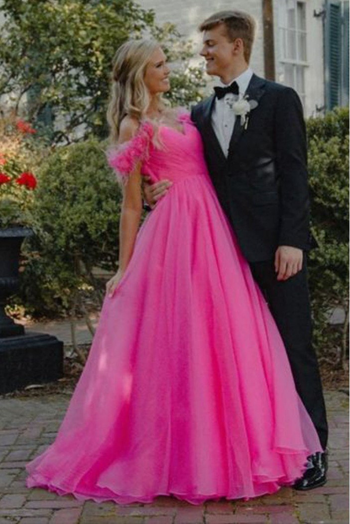 A-Line Long Pink Off the Shoulder Prom Dresses 801462