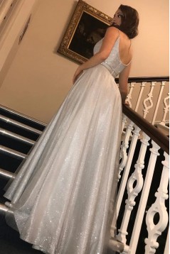 A-Line Sparkle V Neck Tulle Long Prom Dresses 801467