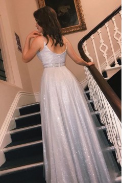 A-Line Sparkle V Neck Tulle Long Prom Dresses 801467