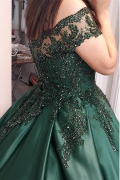 A-Line Off the Shoulder Lace and Satin Long Prom Dresses 801471