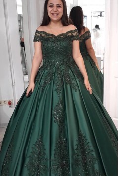 A-Line Off the Shoulder Lace and Satin Long Prom Dresses 801471