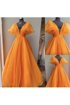 A-Line V Neck Orange Long Prom Dresses 801472