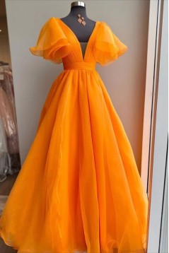 A-Line V Neck Orange Long Prom Dresses 801472