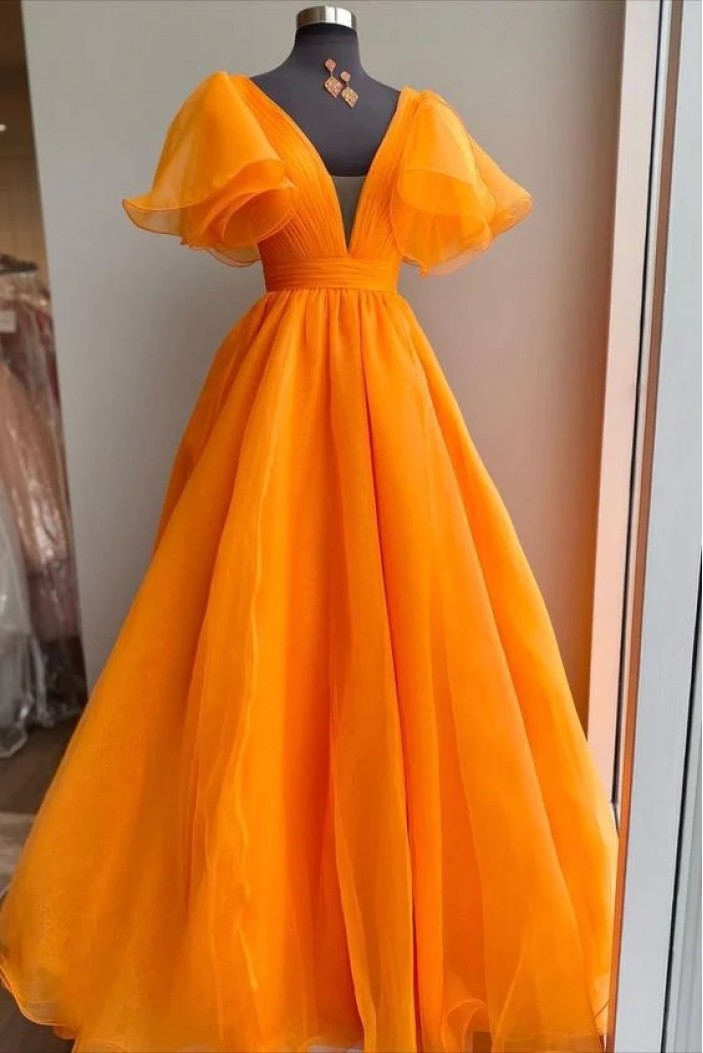 A-Line V Neck Orange Long Prom Dresses 801472