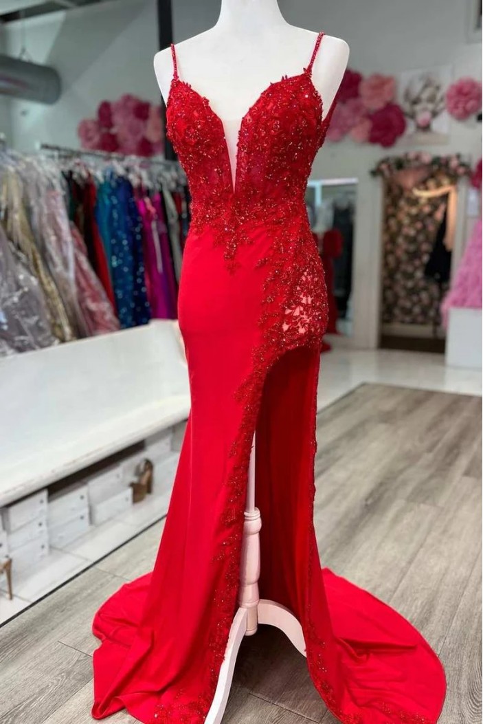 Long Red Beaded Lace Appliques Spaghetti Straps Prom Dresses 801473