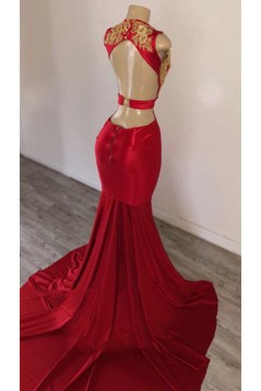 Long Red Mermaid Gold Lace Appliques Prom Dresses 801477