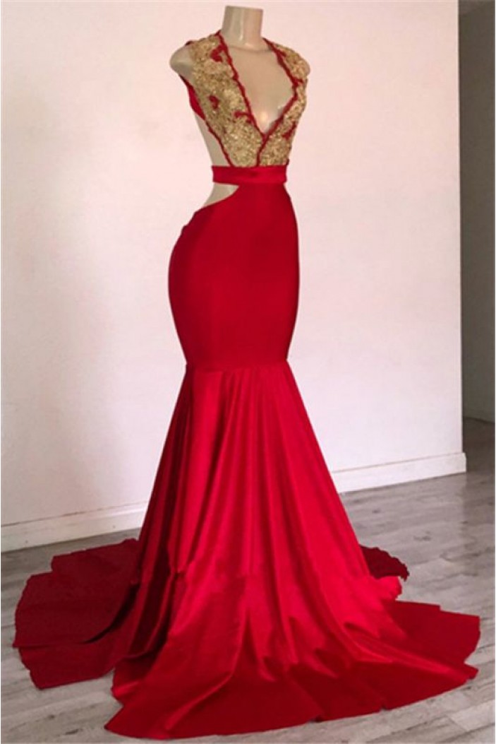 Long Red Mermaid Gold Lace Appliques Prom Dresses 801477