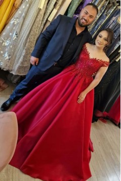 A-Line Long Red Off the Shoulder Beaded Lace Satin Prom Dresses 801479