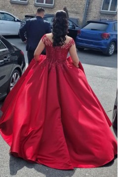A-Line Long Red Off the Shoulder Beaded Lace Satin Prom Dresses 801479