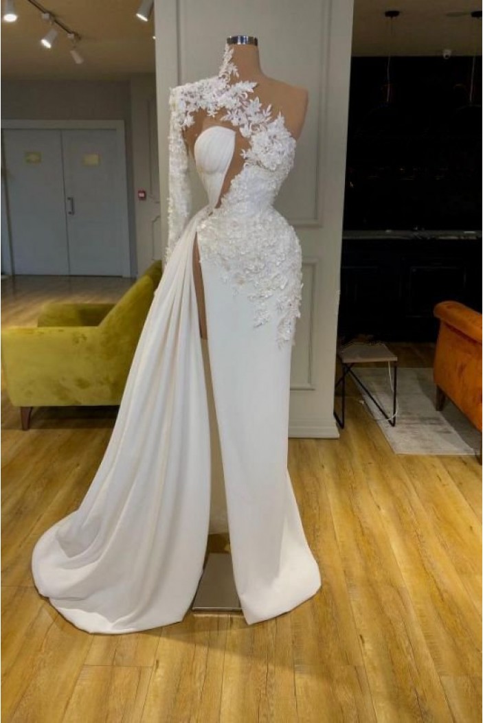 Long White One Shoulder Lace Prom Dresses 801480