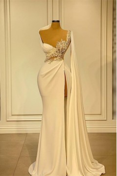 Long White One Shoulder Beaded Lace Prom Dresses 801481
