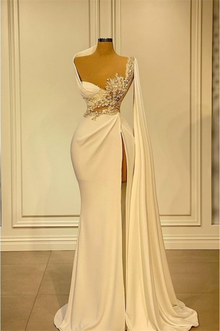 Long White One Shoulder Beaded Lace Prom Dresses 801481