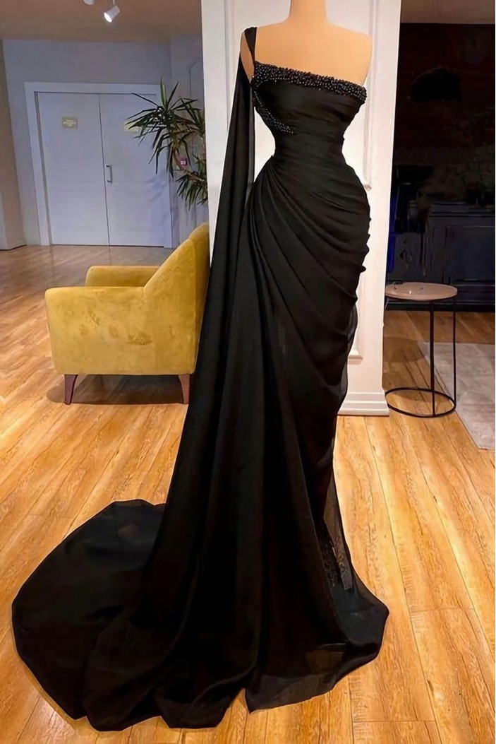 Long Black One Shoulder Beaded Prom Dresses 801483