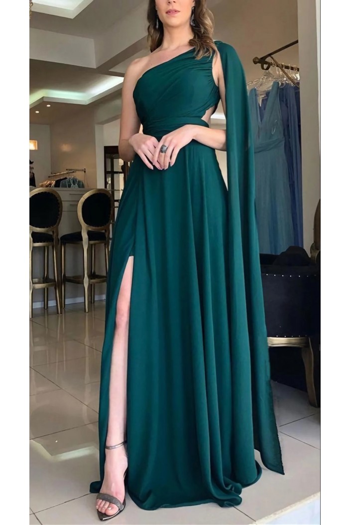 Long Chiffon One Shoulder Prom Dresses 801486