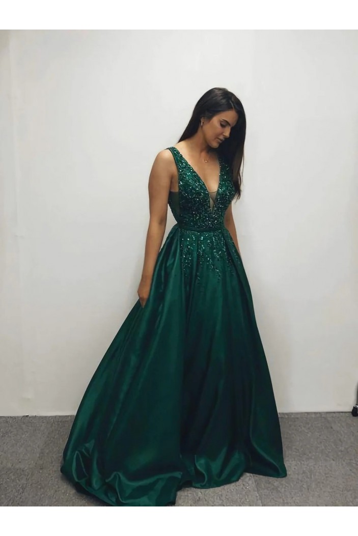 A-Line Long Green V Neck Satin Prom Dresses 801490