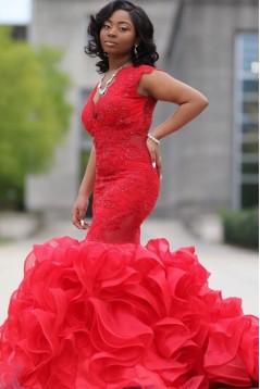 Long Red Mermaid Lace Prom Dresses 801493