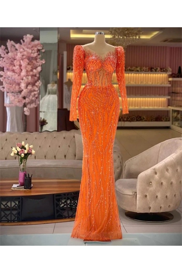 Mermaid Beaded Long Sleeves Orange Prom Dresses 801494