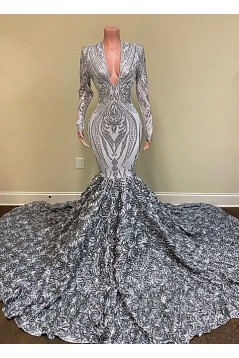 Mermaid Lace Long Sleeves Deep V Neck Prom Dresses 801497