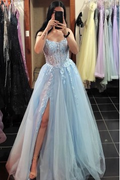 A-Line Light Blue Lace and Tulle Long Prom Dresses 801500