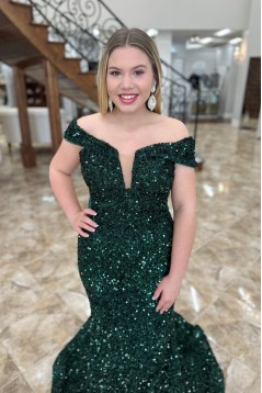 Mermaid Off the Shoulder Dark Green Sequins Long Prom Dresses 801501