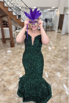 Mermaid Off the Shoulder Dark Green Sequins Long Prom Dresses 801501