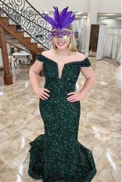 Mermaid Off the Shoulder Dark Green Sequins Long Prom Dresses 801501