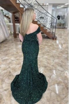 Mermaid Off the Shoulder Dark Green Sequins Long Prom Dresses 801501