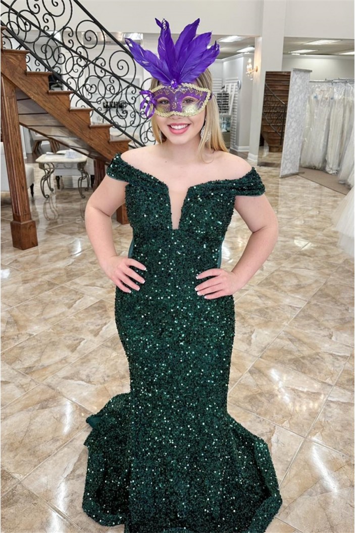 Mermaid Off the Shoulder Dark Green Sequins Long Prom Dresses 801501