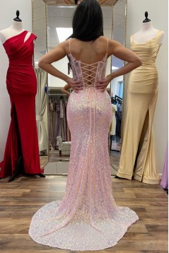 Long Pink Mermaid Sequins and Lace Spaghetti Straps Prom Dresses 801504