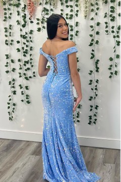 Long Blue Off the Shoulder Sequins Prom Dresses 801505