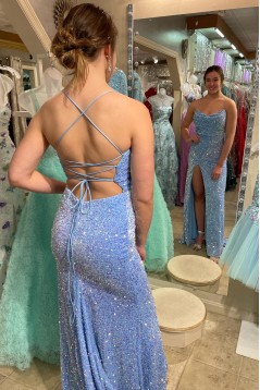 Long Blue Sequins Spaghetti Straps Prom Dresses 801506