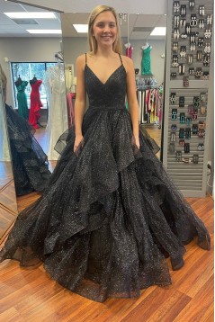 Long Black Sparkle Tulle Spaghetti Straps Prom Dresses 801509