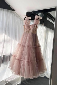 A-Line Pink Tulle Prom Dresses 801512