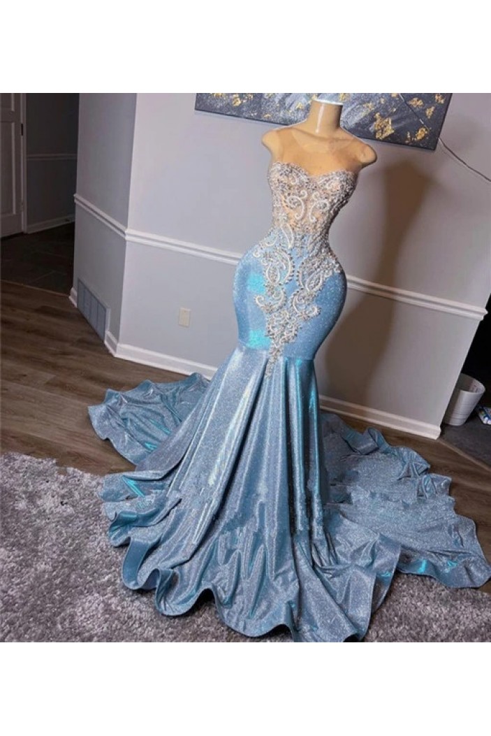 Long Blue Mermaid Sparkle Beaded Prom Dresses 801513