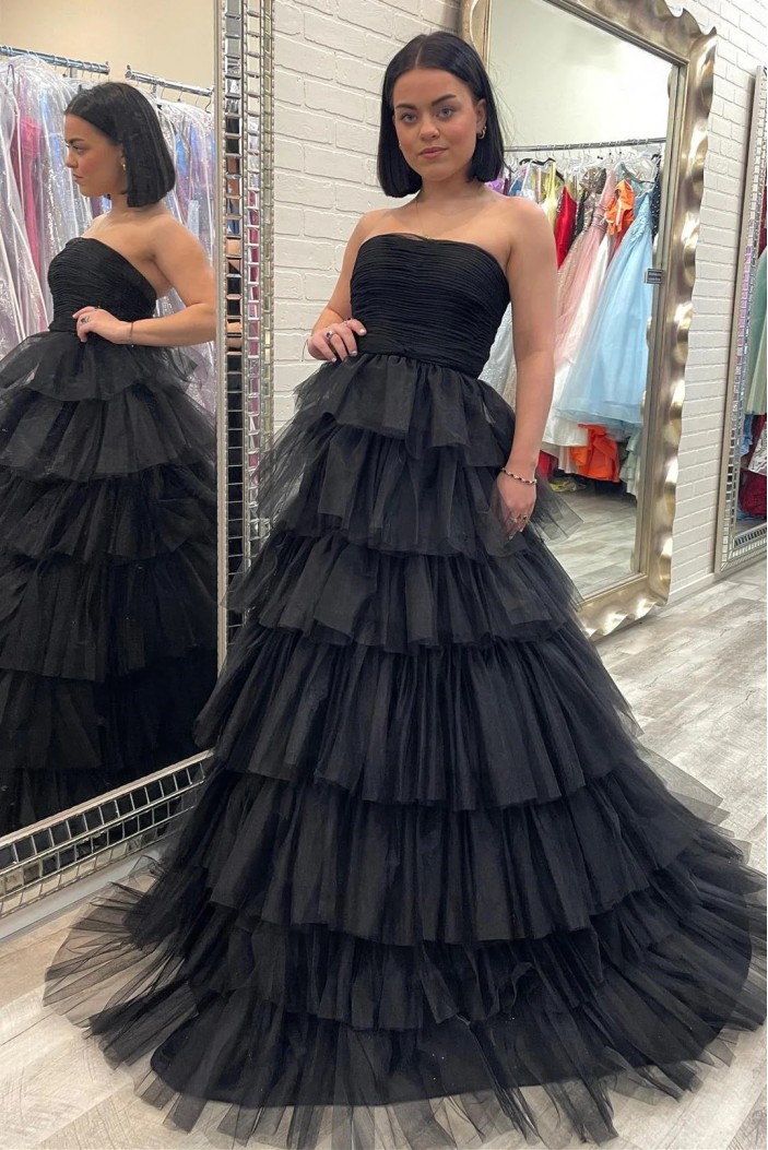 A-Line Strapless Long Black Prom Dresses 801516