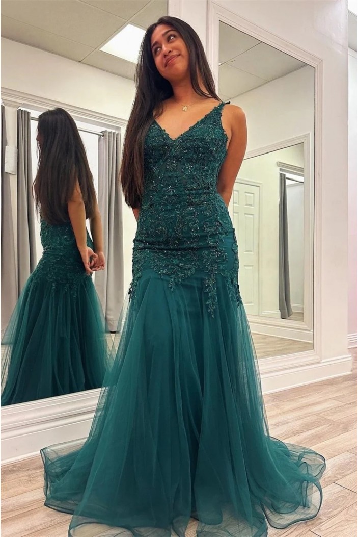 Mermaid Green Lace and Tulle Prom Dresses 801520