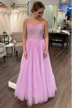 A-Line Strapless Long Tulle Prom Dresses 801522