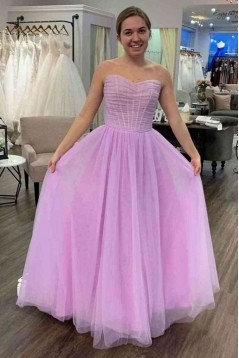 A-Line Strapless Long Tulle Prom Dresses 801522