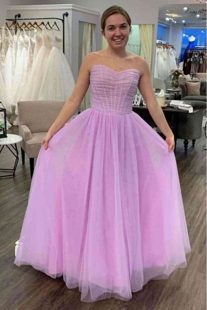 A-Line Strapless Long Tulle Prom Dresses 801522