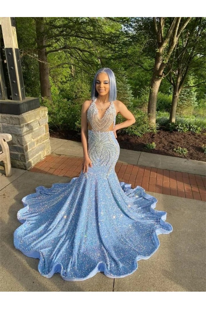 Long Blue Beaded Mermaid Prom Dresses 801525