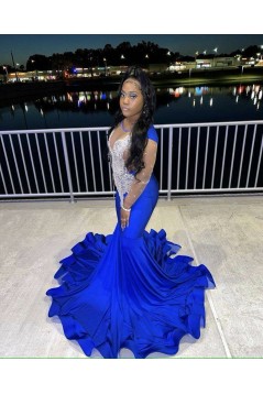 Mermaid Royal Blue Beaded Long Prom Dresses 801528