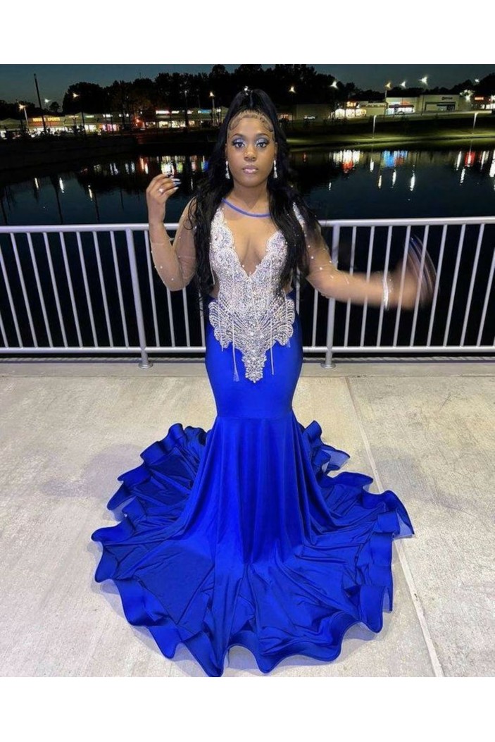 Mermaid Royal Blue Beaded Long Prom Dresses 801528