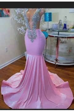 Long Pink Mermaid Beaded Prom Dresses 801531