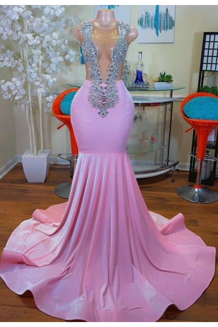 Long Pink Mermaid Beaded Prom Dresses 801531