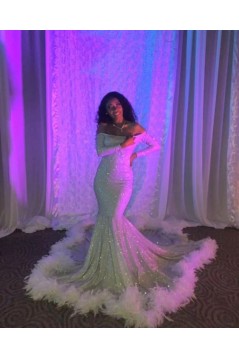 Mermaid Off the Shoulder Sparkle Long Sleeves Prom Dresses 801532