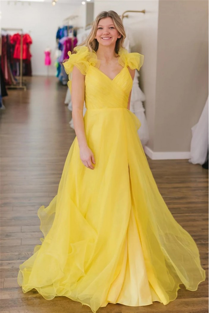 A-Line Long Yellow Prom Dresses 801534