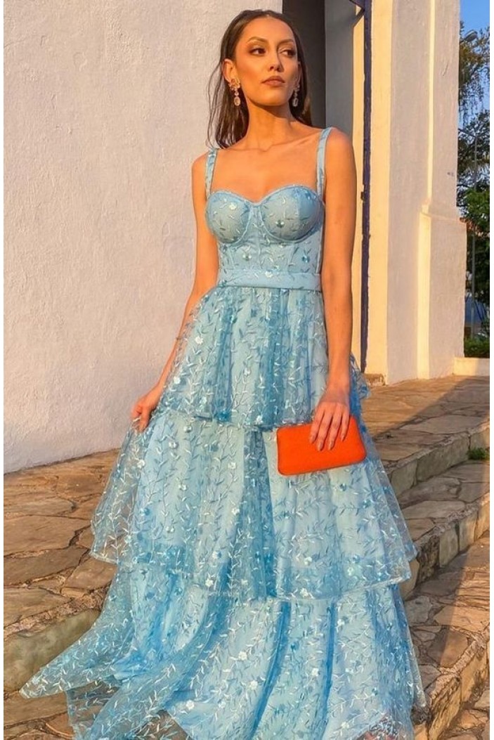 A-Line Long Blue Lace Prom Dresses 801535