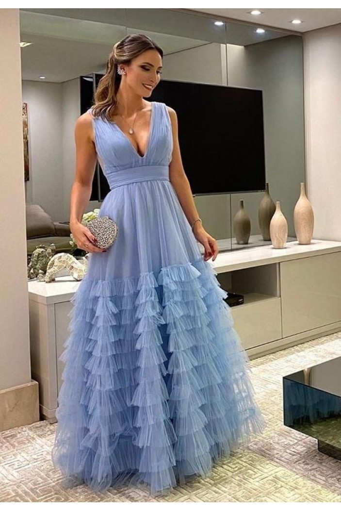 A-Line Long Blue Tulle V Neck Prom Dresses 801537