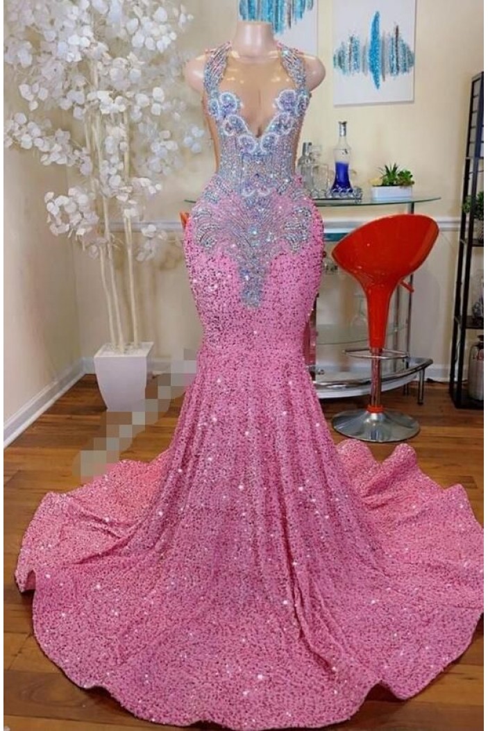 Long Pink Mermaid Beaded Prom Dresses 801540